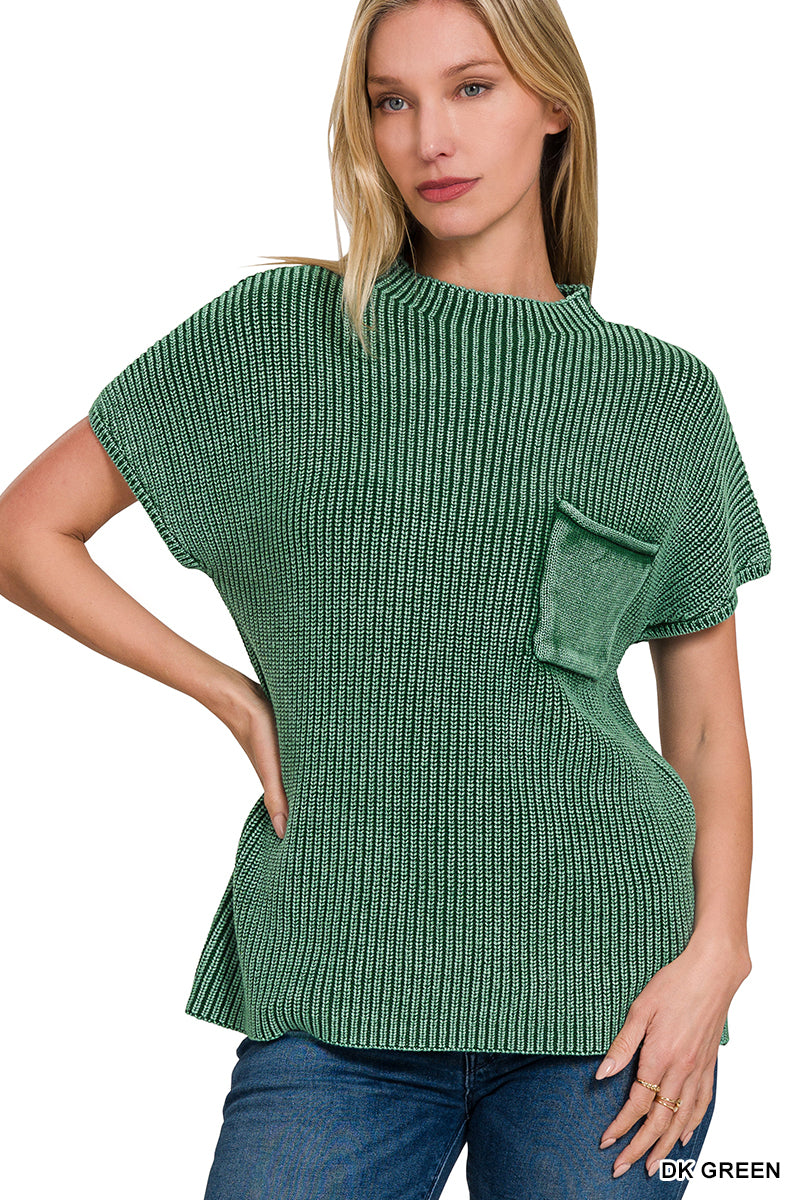 Washed Mock Neck Short Sleeve Sweater