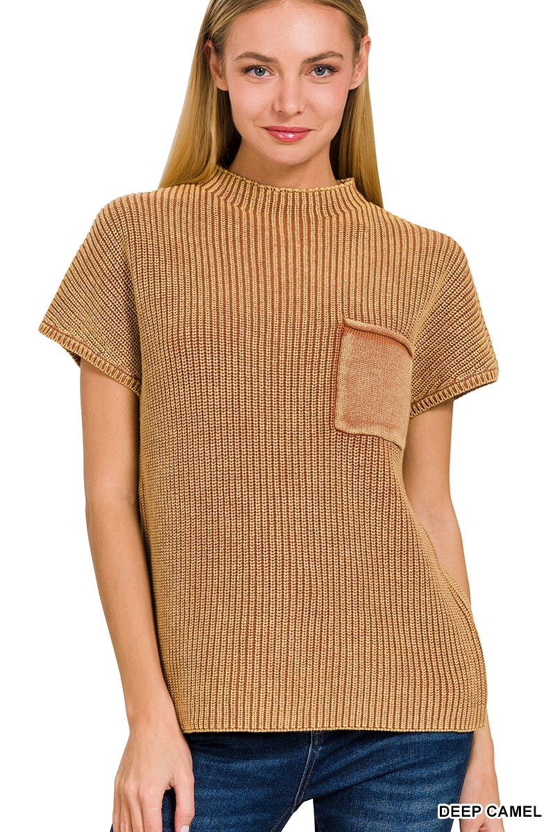 Washed Mock Neck Short Sleeve Sweater