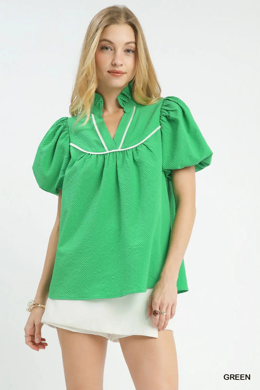 Umgee Textured Puff Sleeve-Green