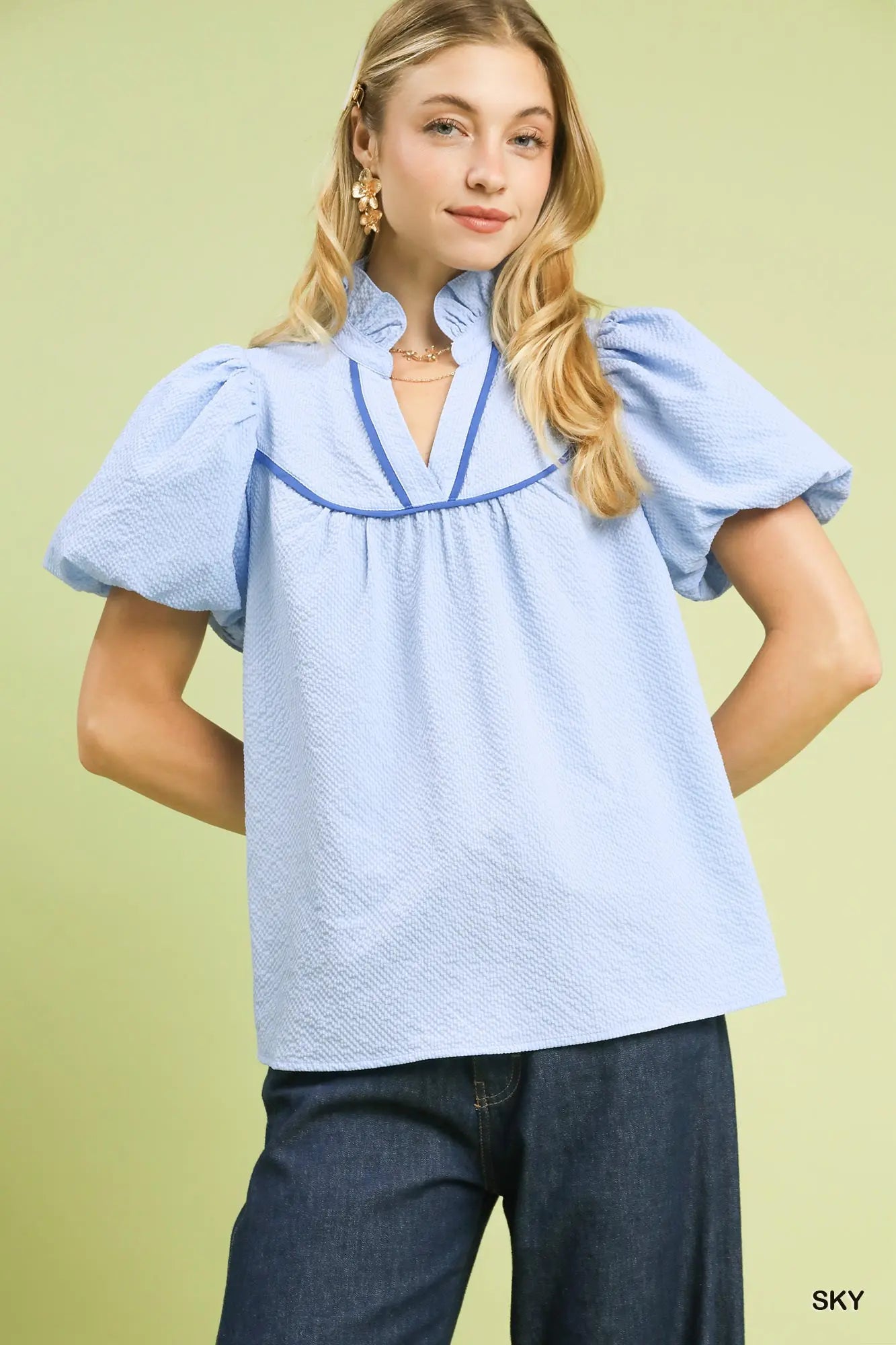 Umgee Textured Puff Sleeve-Sky Blue