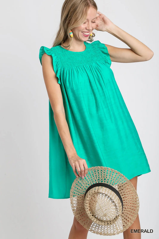 Smocked Yoke Ruffle Sleeve Dress