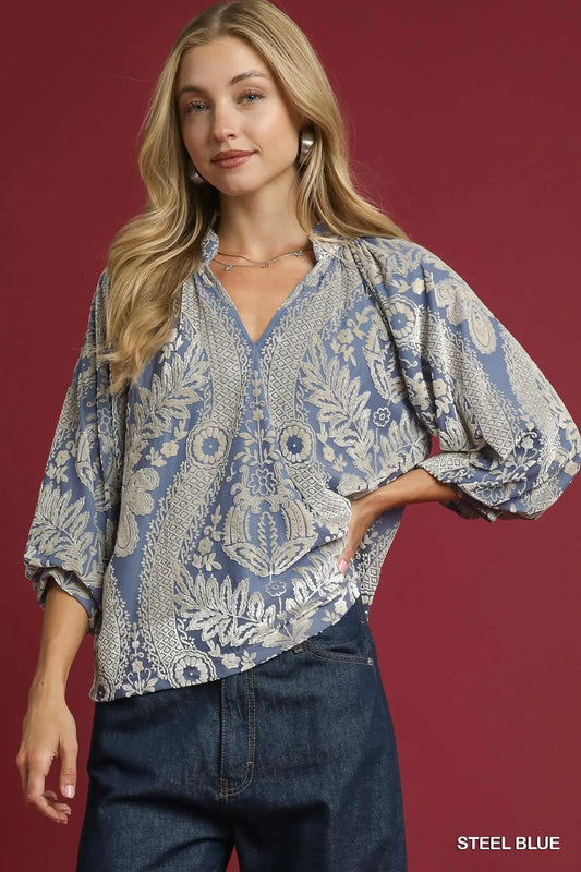 Umgee Damask Print Velvet Split Neck Top