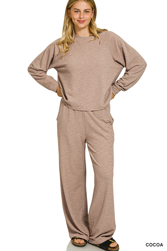Zenana Long Sleeve Slub Set-Cocoa