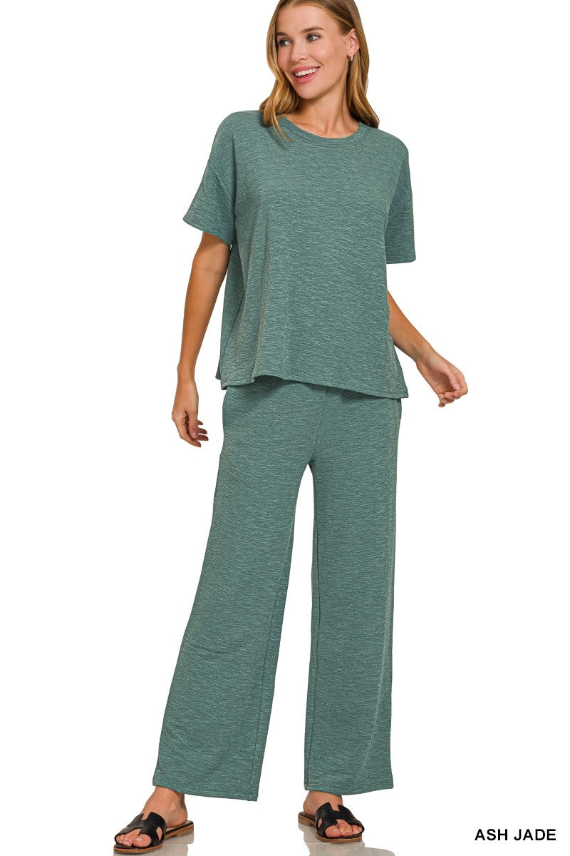 Zenana Slub Short Slv Top & Pants 2pcs Set