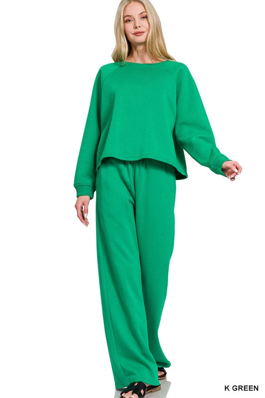 Fleece Raglan Sleeve Pullover & Pants Set-Kelly Green