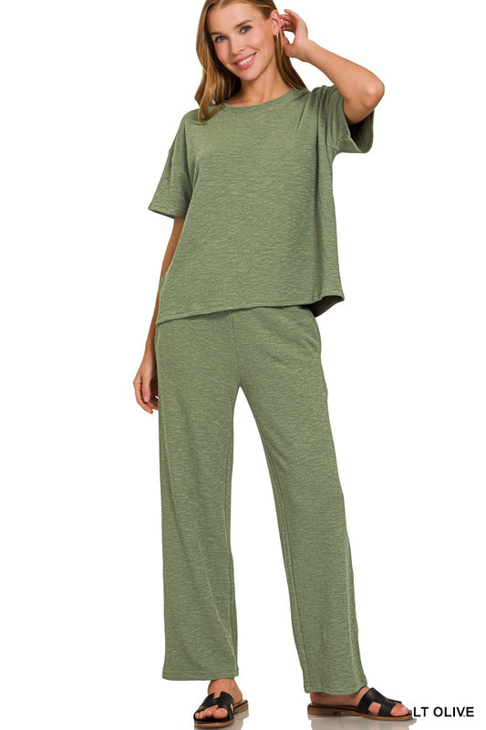 Zenana Slub Short Slv Top & Pants 2pcs Set