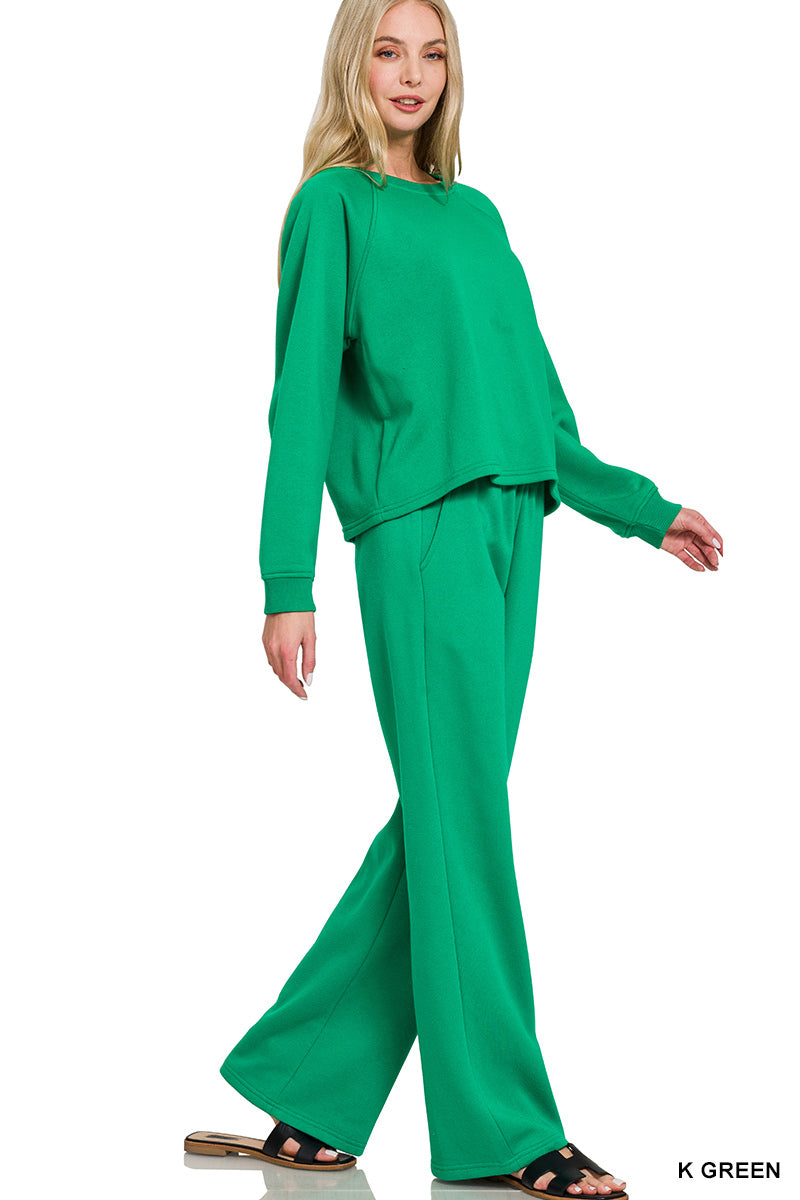 Fleece Raglan Sleeve Pullover & Pants Set-Kelly Green