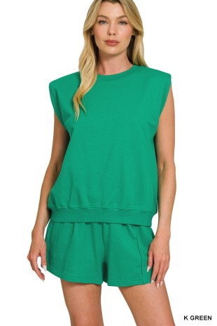 French terry sleeveless top with shoulder pad & shorts set