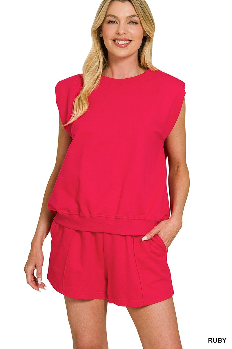 French terry sleeveless top with shoulder pad & shorts set