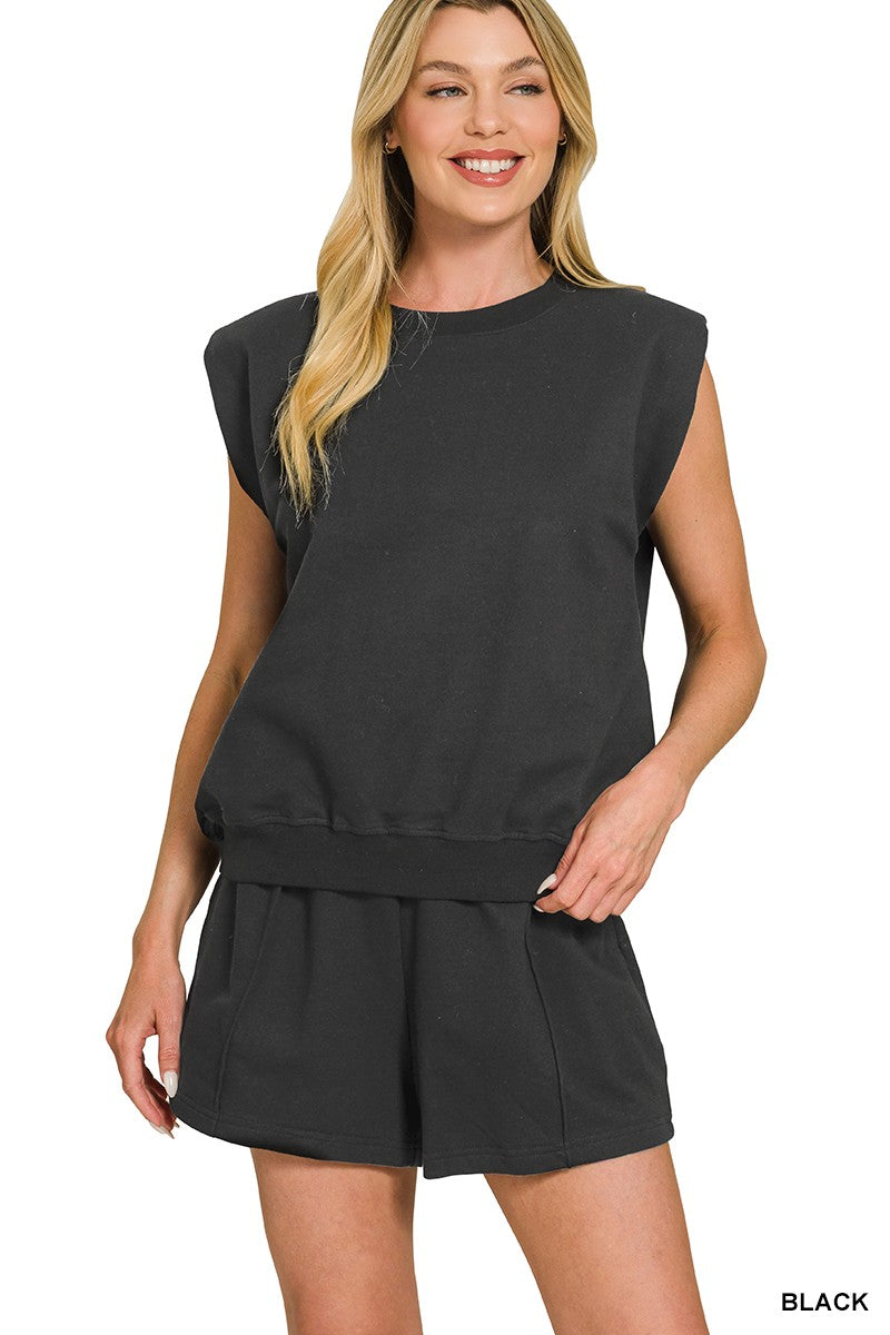 French terry sleeveless top with shoulder pad & shorts set