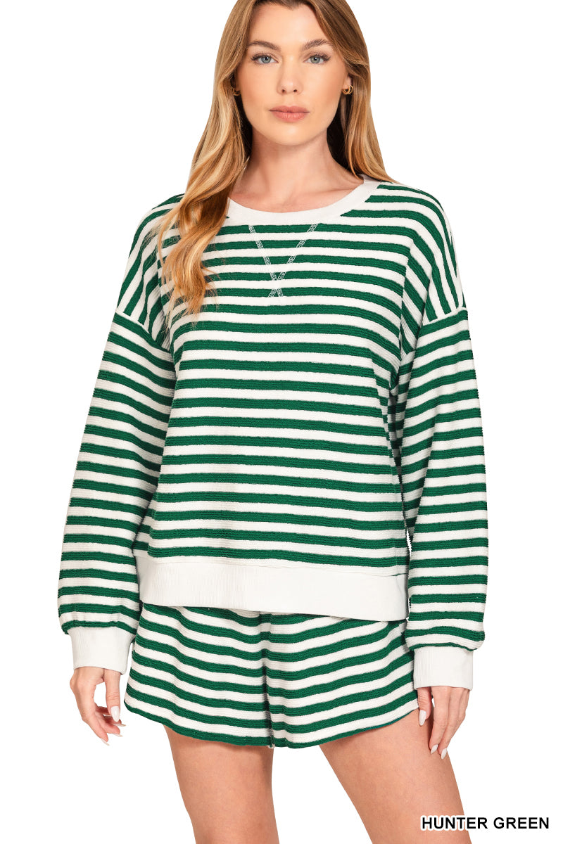 Striped Pullover and Shorts Set-Hunter Green