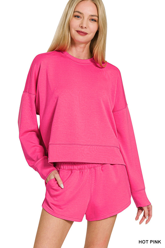 Zenana Scuba Sweatshirt and Shorts Set-Hot Pink