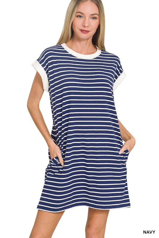 Striped T-Shirt Dress-Navy