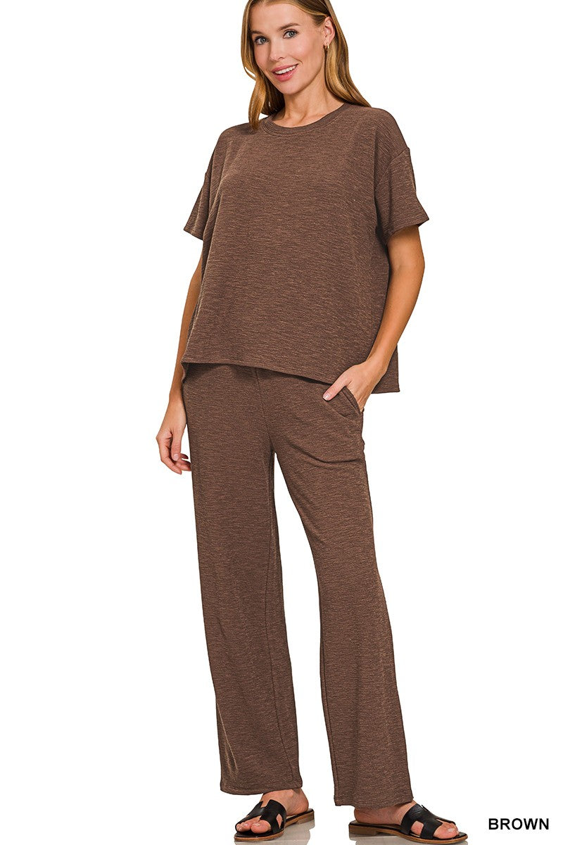 Zenana Slub Short Slv Top & Pants 2pcs Set-Brown
