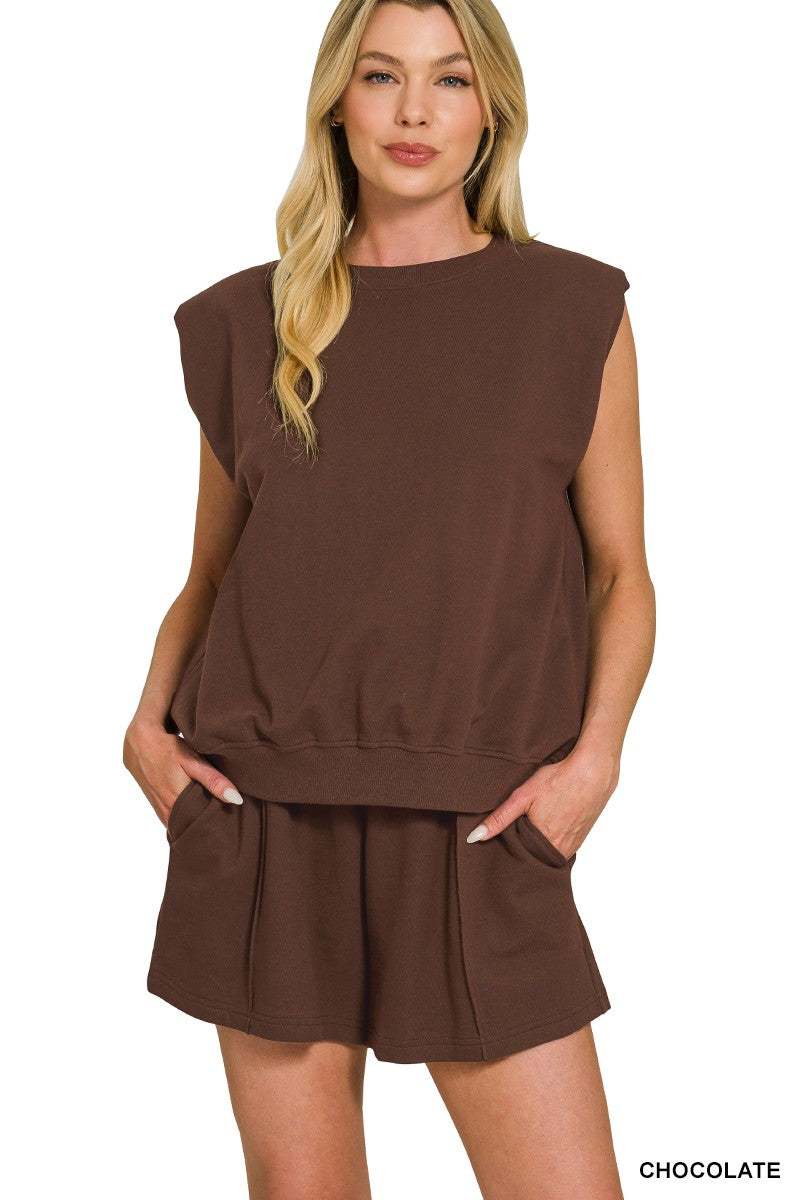 French terry sleeveless top with shoulder pad & shorts set