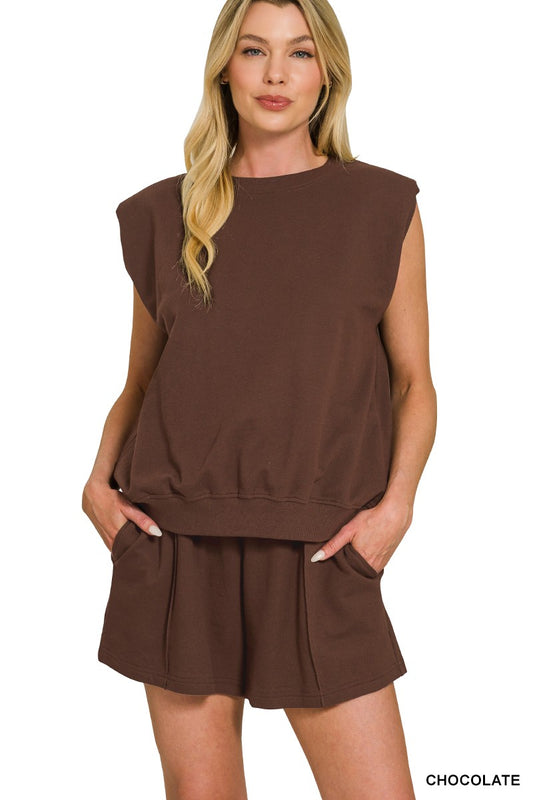 French terry sleeveless top with shoulder pad & shorts set