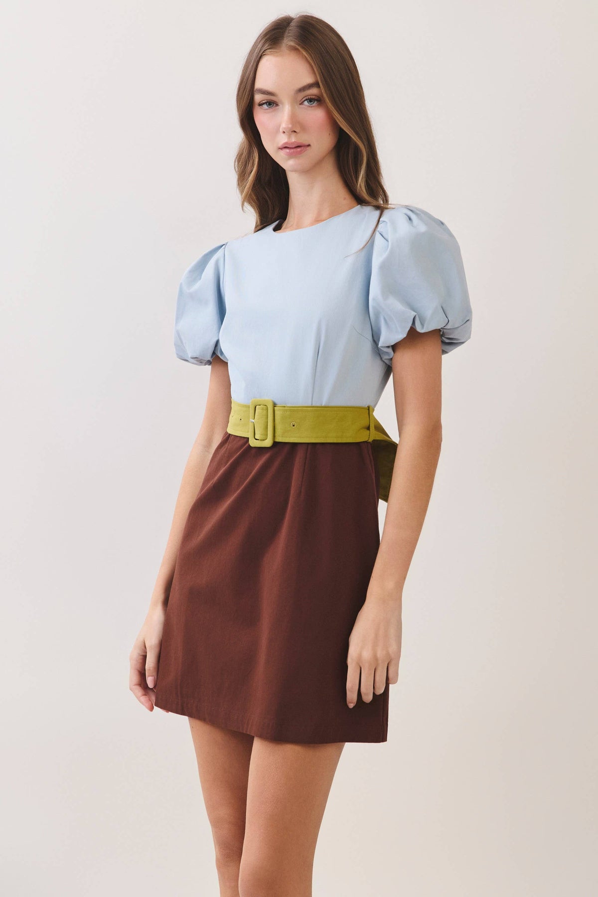 Color Block Puff Sleeve Mini Dress