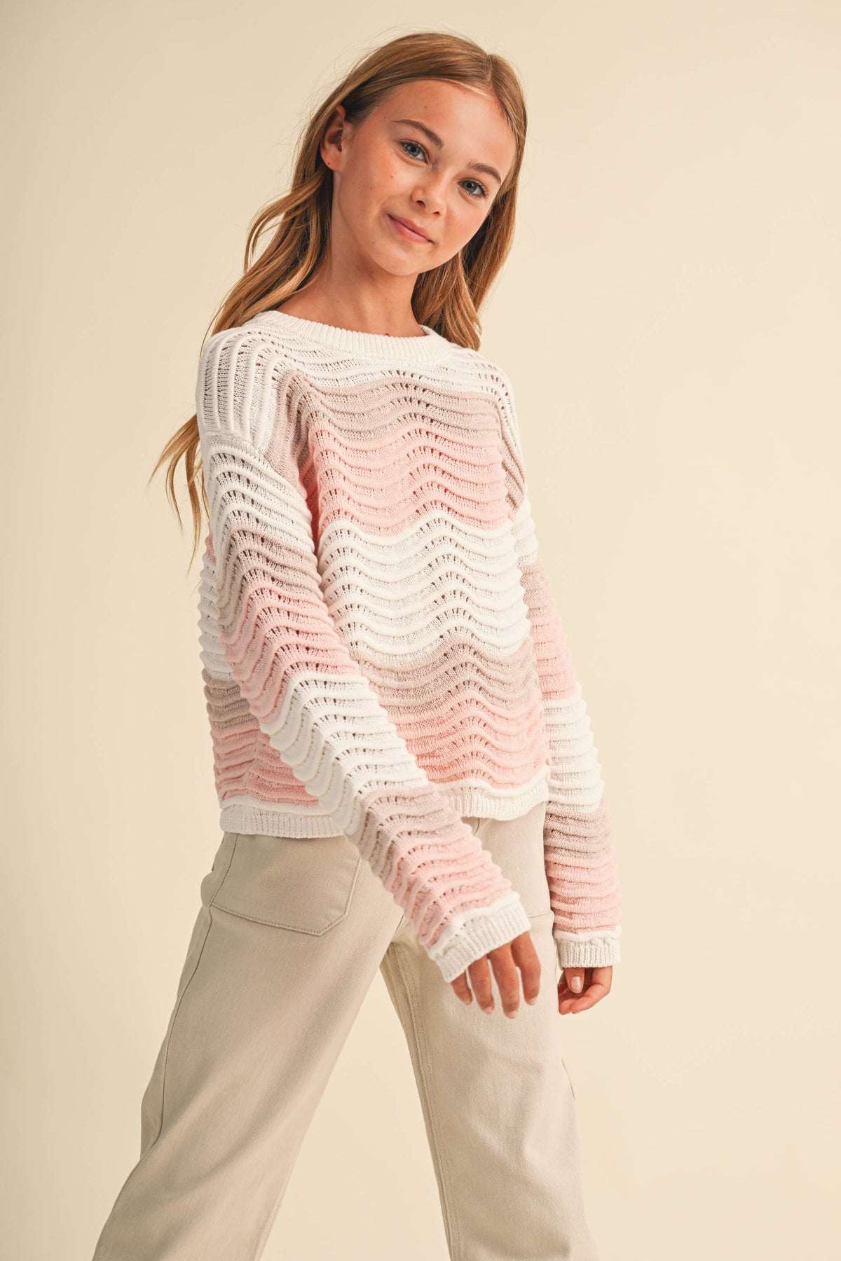 TWEEN GIRLS CREW NECK WAVY RIB KNIT PULL OVER (7-14)