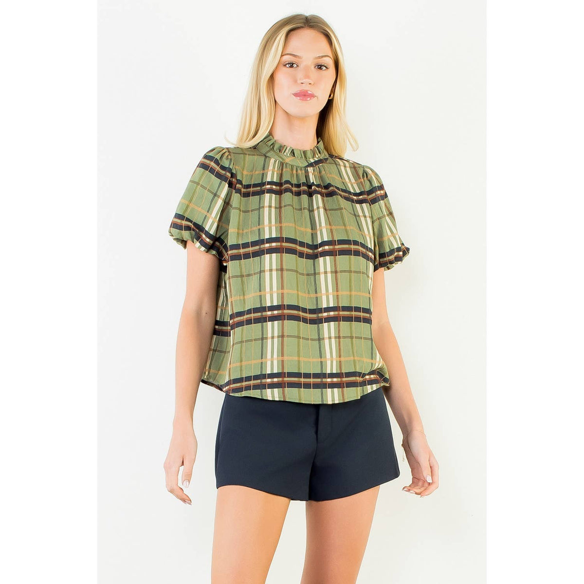 Ruffled Neck Plaid Top