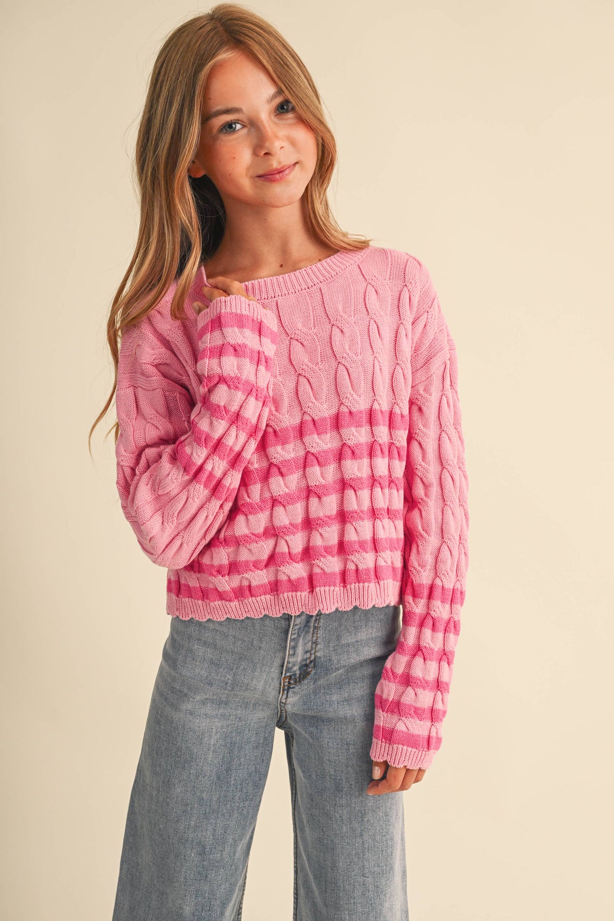 TWEEN GIRLS CABLE KNIT BOXY CROPPED PULLOVER (7/14)