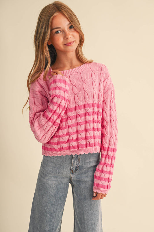 TWEEN GIRLS CABLE KNIT BOXY CROPPED PULLOVER (7/14)