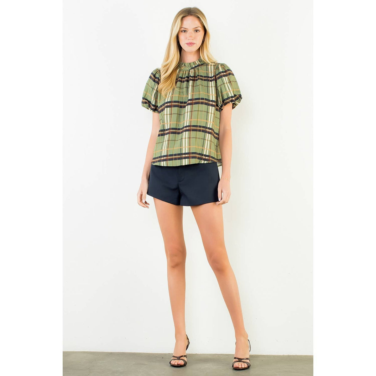 Ruffled Neck Plaid Top