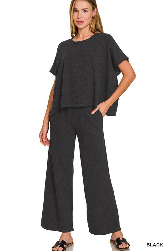 Cotton Slub Top And Pants Set-Black