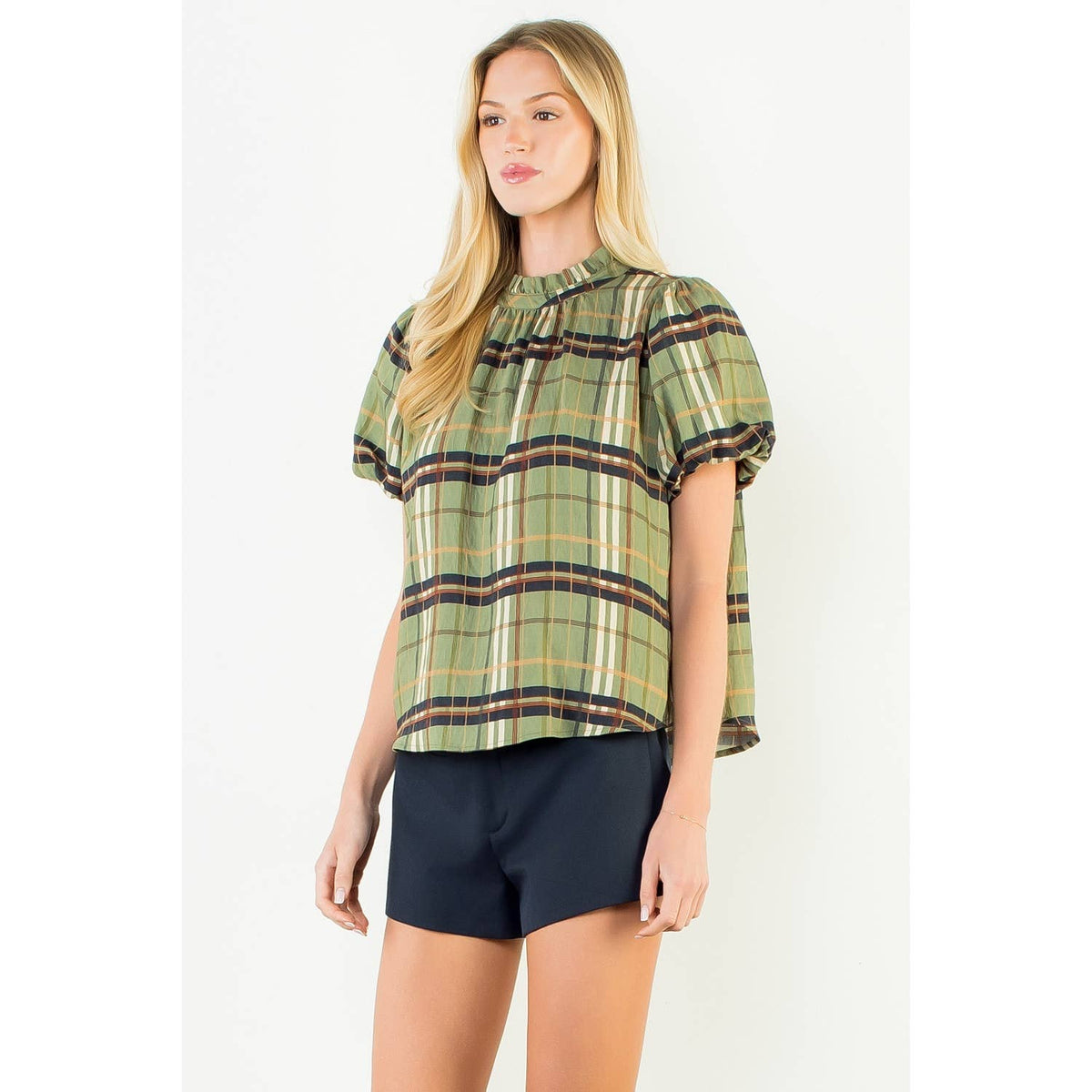 Ruffled Neck Plaid Top