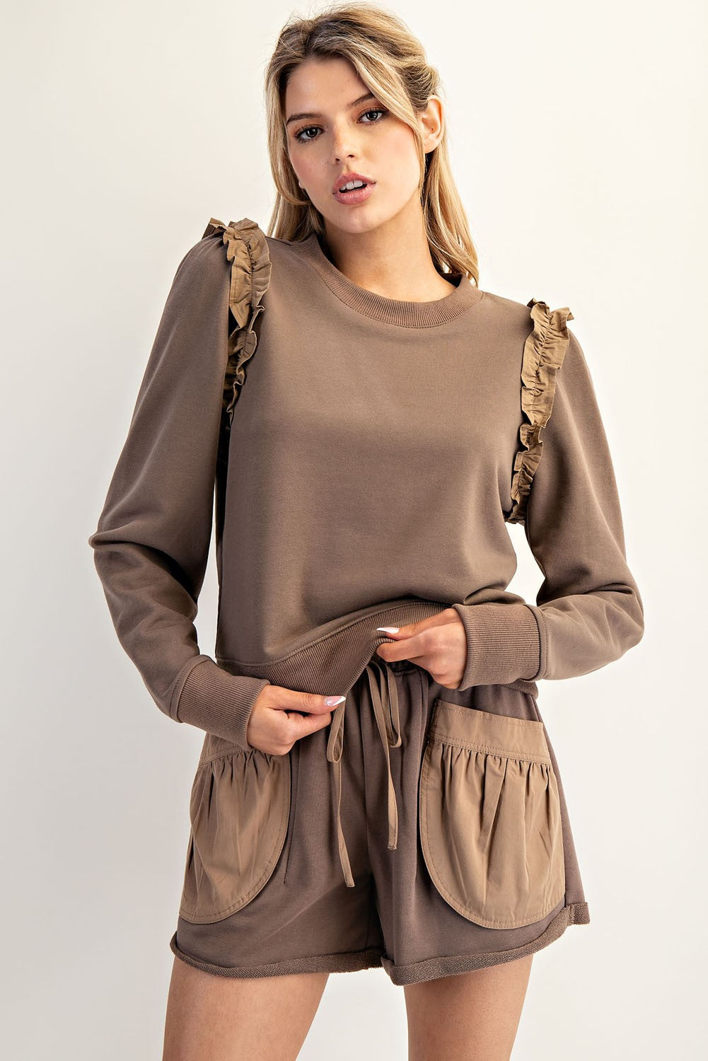 Ruffle Shoulder Pullover and Short Set
