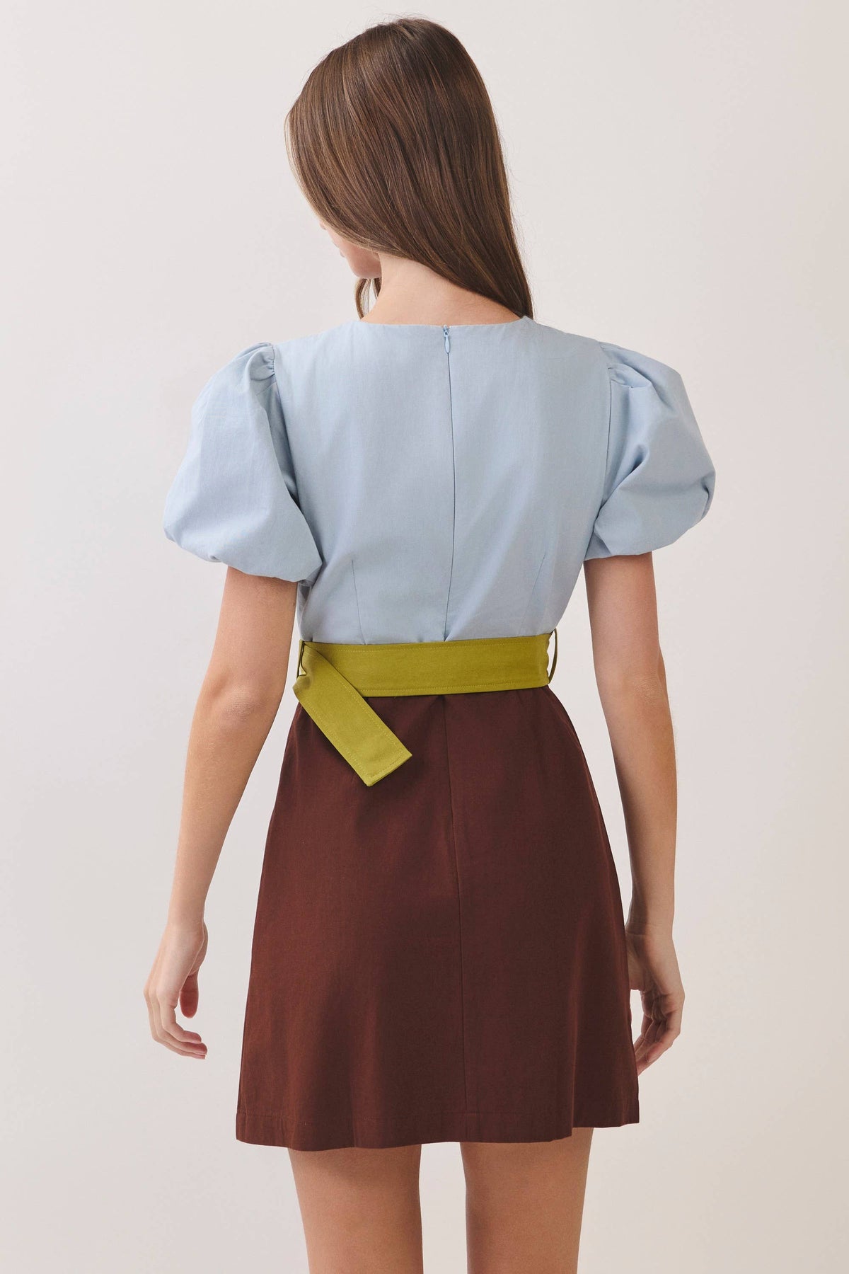 Color Block Puff Sleeve Mini Dress